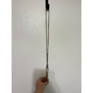 Double Chain Long Necklace with Fringe and Large Rhinestone Gold Tone